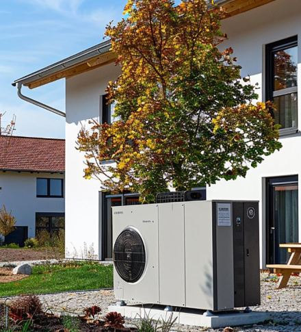Moderne Wärmepumpe am Einfamilienhaus in Gröbenzell – energieeffiziente Heizsysteme vom Meisterbetrieb Michael Wodarz für nachhaltiges Heizen und Sparen